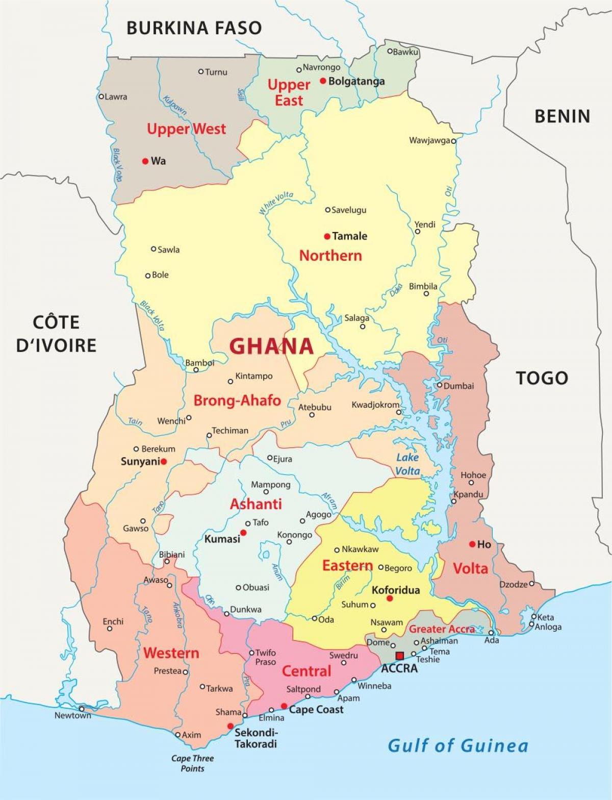 kort over ghana, der viser distrikter